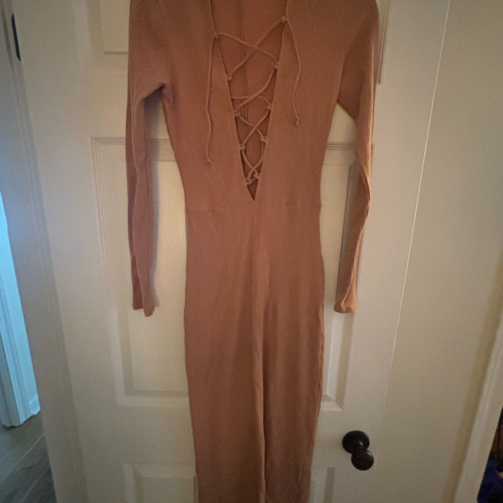 Reformation Long Sleeve Lace-Up Brown Dress